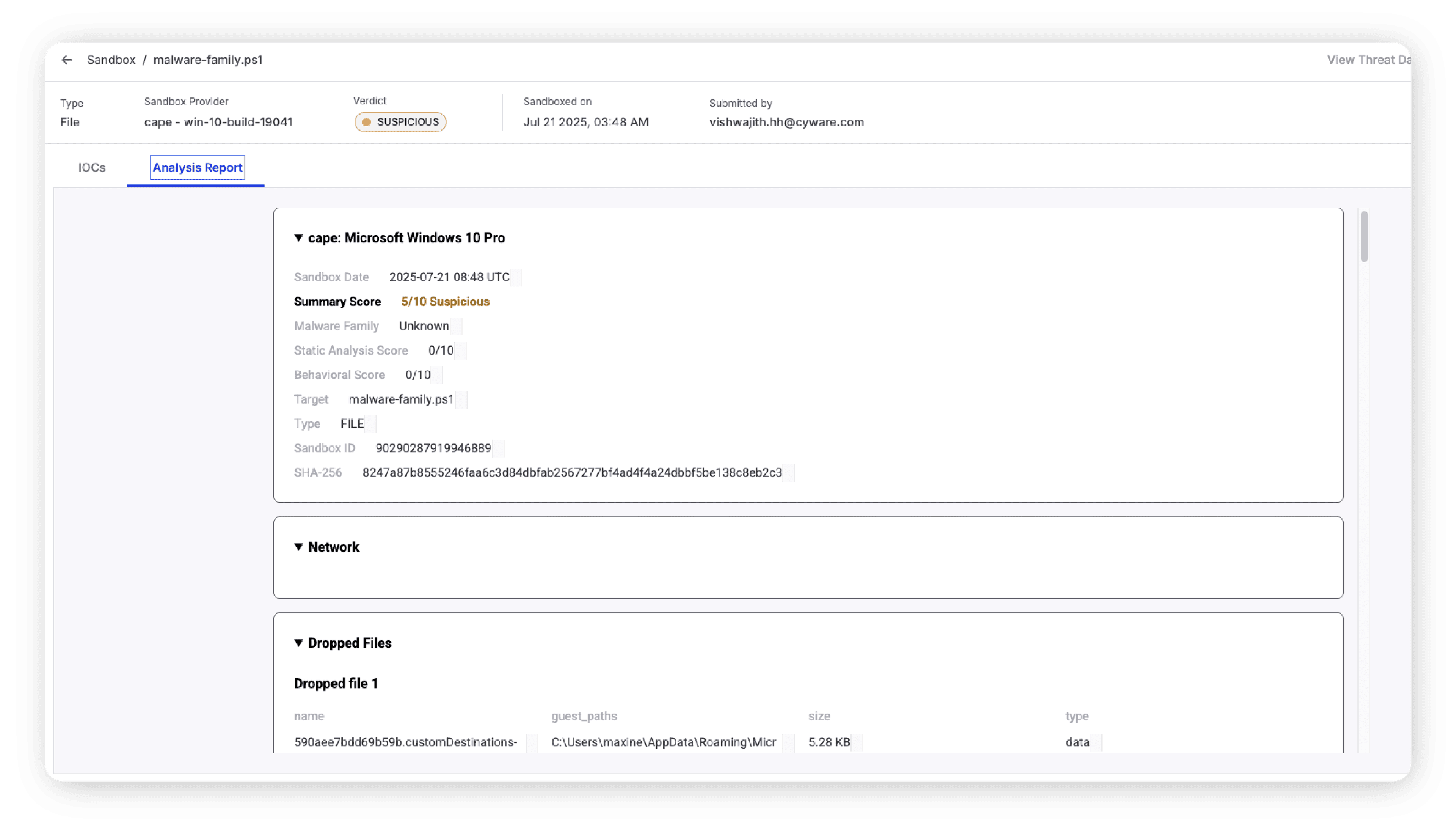 Sandbox analysis results