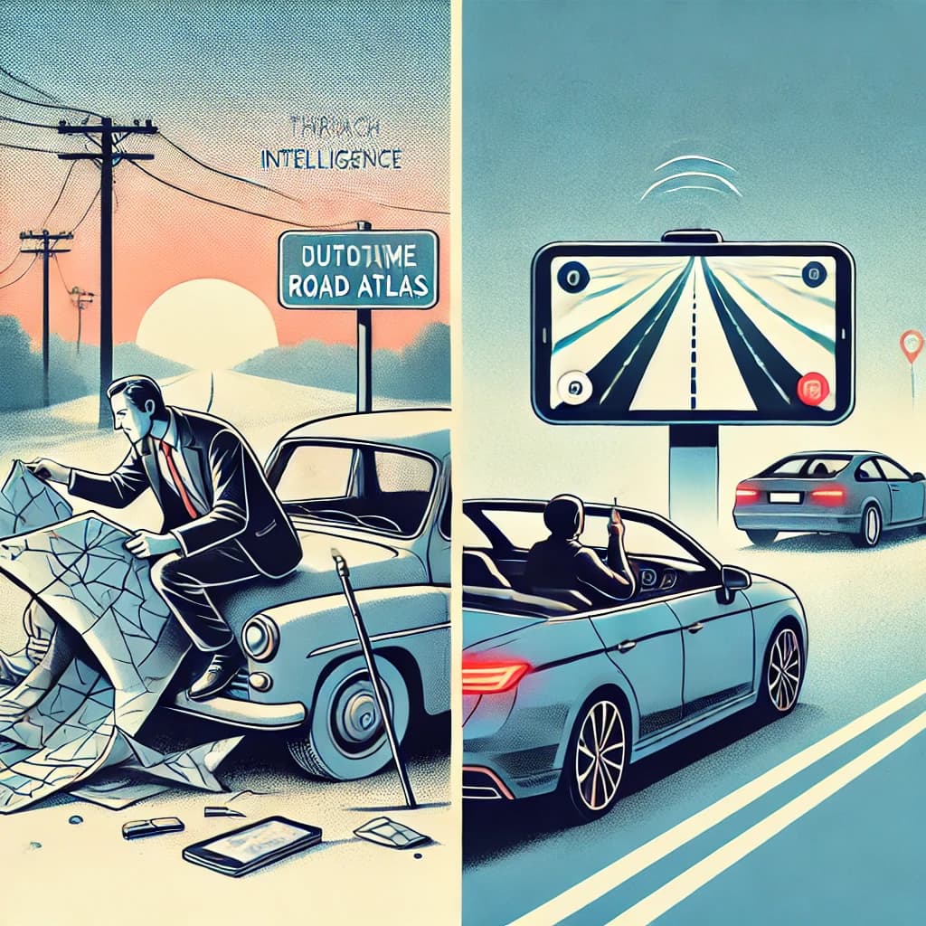 A minimalist digital illustration showing two contrasting scenes with people. On the left, a frustrated traveler sits in an old car, struggling with an atlas. On the right, someone using GPS, simply getting to where they need to go.